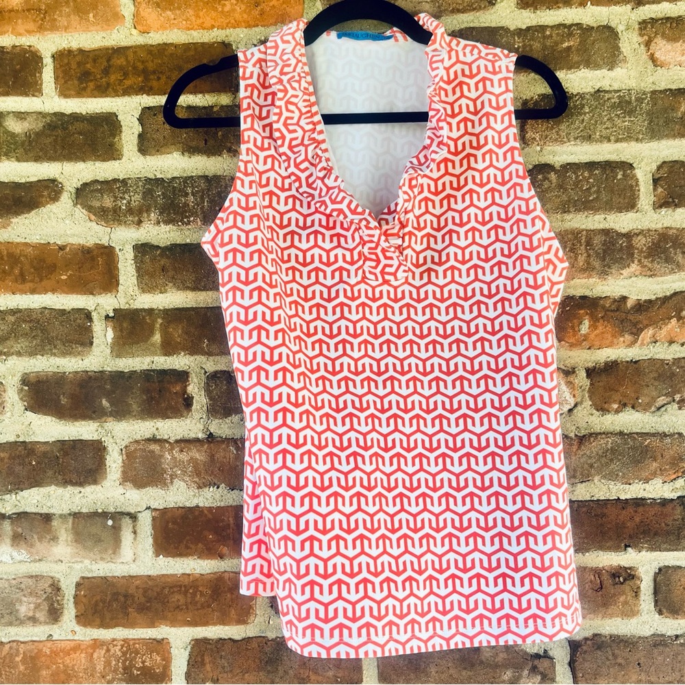 J. McLaughlin White Coral Sky Lattice Faux Wrap Catalina Cloth Sleeveless Top L
